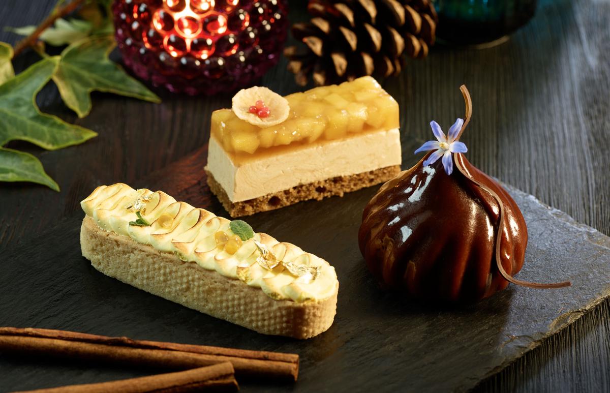 Lemon pie, passionfruit meringue/ spicy apple dessert/ chocolate Russian Tale